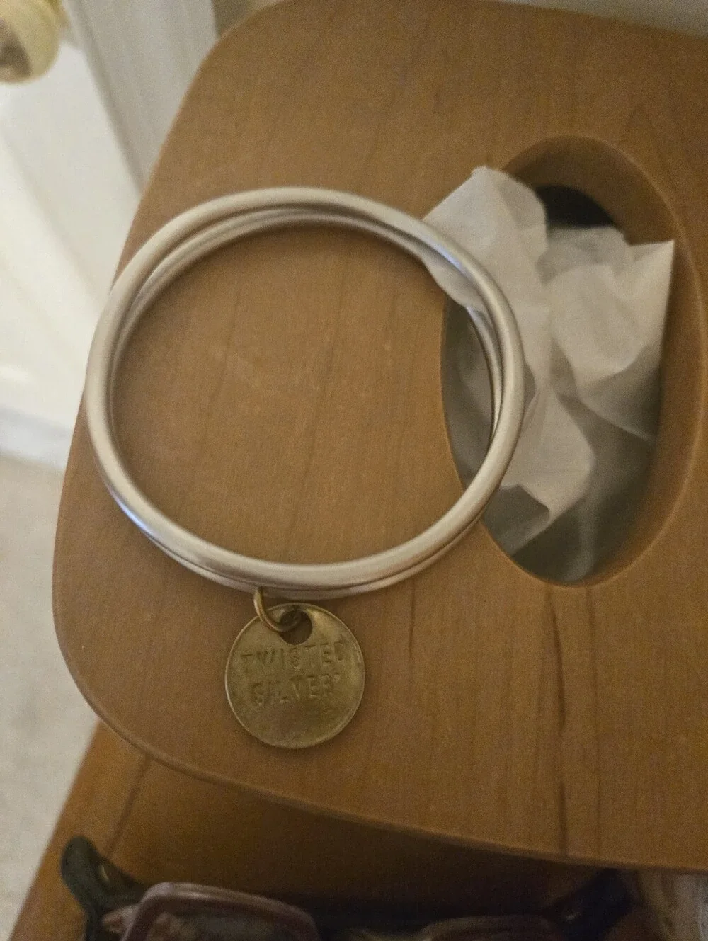 Twisted Silver Mixed Metal Bangle - Silver With Gold Tag